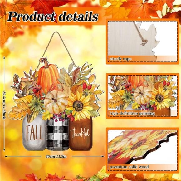 Fall Wooden Hanging Sign Autumn Floral Pumpkin Welcome Door Sign - Picture 3 of 7
